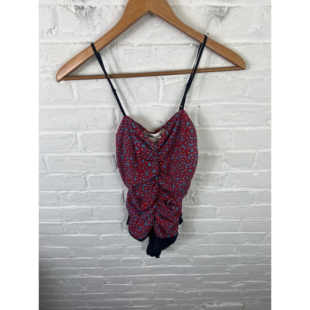 Diane von Fürstenberg Women's Ruched Blossom Floral Thong Bodysuit Red Blue Sz L